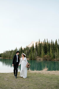 Western styled couple eloping in Banff National Park.