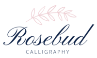 Logo for Rosebud Calligraphy featuring a leaf illustration above text