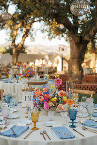 colorful reception table settings at outdoor garden wedding