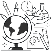 Icon displaying subjects like art, history, geography, science, math, and reading, representing coverage across 50+ domains.