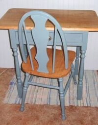oak desk and chair with blue-green painted legs