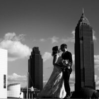 black and white photo of bride and groom in downtown cleveland ohio