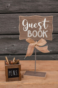 wooden guest book sign and pen holder
