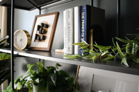 Blue and white books sitting on a bookshelf with various plants and photos