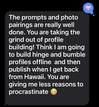 Screenshot of client feedback praising Shannon Kathleen Photography for thoughtful photo pairings and dating profile prompts, helping him prepare Hinge and Bumble profiles.