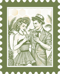 Vintage sketch of woman holding binoculars in her hand held up to her eyes