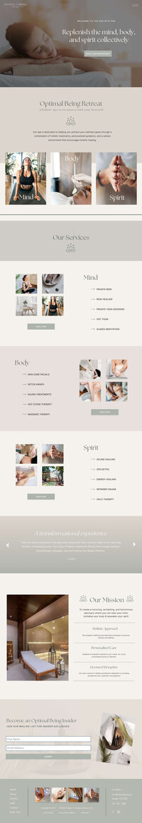 Optimal Being Retreat holistic spa services section of home page screenshot mockup on ipad