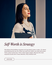 A confident woman holding a tablet gazes upward. Text below reads, "Self-Worth is Strategy," emphasizing clarity and authenticity in business.