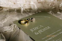 Film picture of wedding rings sitting on a wedding invitation.