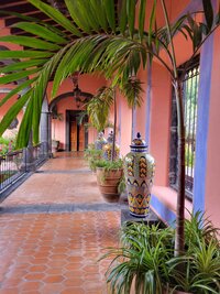 A pink and blue corridor decorated with ceramic vases and palm trees at Hacienda de San Antonio, a luxury resort hotel in Colima, Mexico ©Stephanie Dosch | theViatrix Luxury Travel