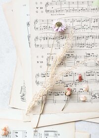 Dried and fresh flowers sit on top of sheet music.