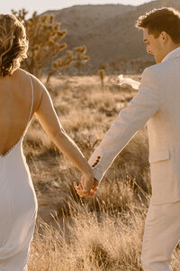 Couple holding hands in the desert at sunset during their Joshua Tree elopement, with golden light on the landscape.