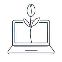 Laptop icon with bud growing, representing steady creative progress and brand development by Grassroots Creative Company.