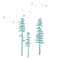 Simple teal colored graphic of a swish of stars over three tall thin pine trees.