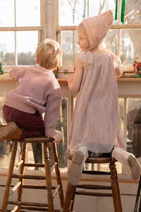 sister and brother kneel on stools looking out the window at greenhouse decorated for christmas in dexter michigan