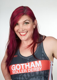 Web Designer Jo Pate's roller derby headshot as Cherry Naplam
