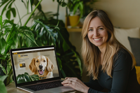 Client's headshot beside a laptop with the purchased Boss Breeders template