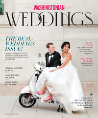 Bride and groom pose on a white scooter. The bride is wearing a long white gown and pink shoes, while the groom is in a black suit with a bow tie. The magazine cover reads Washingtonian Weddings and features article titles related to weddings.