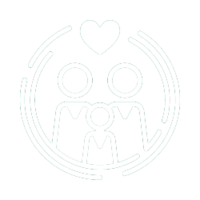 Simple illustration of two parents and their child under a heart.