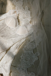 detail photo of lace wedding dress in artful light