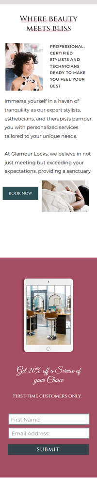 Glamour Locks about us section of home page screenshot mobile mockup on cell phone