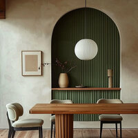 Modern dining area with a wood table, curved chairs, arched alcove, pendant light, and neutral-toned decor.
