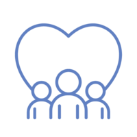 Illustrated icon for adult day support program with hearts and three adults.