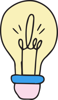 A lighlbulb icon in yellow, blue and pink