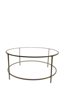 Gorgeous glass, round accent coffee table available to rent to add style and elegance to a photobooth, photoshoot, focal area at a conference, birthday party, bridal shower, baby shower or wedding
