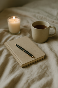 A calming flat lay of a cozy journal, lit candle, and warm-toned bedding—representing self-help tools and personal growth rituals used to support mindset transformation.
