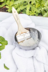 Clay face mask in metal bowl with brush for back facials in Berlin Center, Ohio.