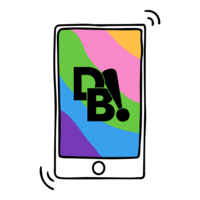 An illustration of a mobile phone with the "DB!" on the screen