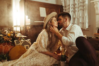 Boho bride and groom at intimate reception