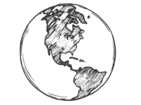Hand-drawn white sketch of the Earth showing North and South America on a black background, ideal for travel, global connection, or environmental design themes.