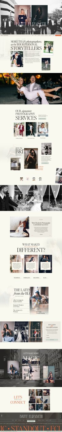 A collage of black-and-white and color images showing various wedding scenes and romantic moments with couples. Text highlights "Britt Elizabeth Photography" services, emphasizing personal branding for photographers and unique wedding photography.