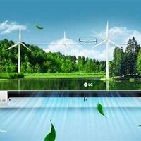Green landscape with wind turbines representing energy-efficient and sustainable air conditioning systems.