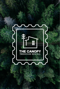 white logo for The Canopy on top of a birds eye view of a forest