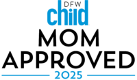 Logo with text "DFW Child Mom Approved 2025"