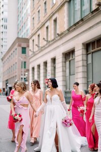 Brides and Bridesmaids wearing Aritzia Happy Portrait Hotel Ocho Wedding Toronto Wedding Venue Jacqueline James Photography