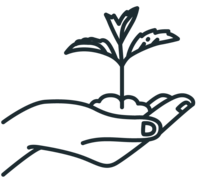 Outline icon of a hand holding a blooming plant, representing a hands-on approach with personal, one-on-one support—no big agency feel.