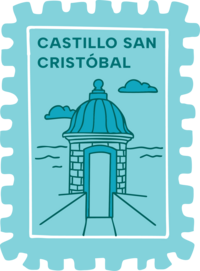 Illustrated stamp featuring Castillo San Cristobal in San Juan, Puerto Rico- bold, artistic tribute, Latina Designer.