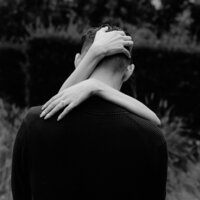 romantic portrait of engaged couple at Schindler House Los Angeles