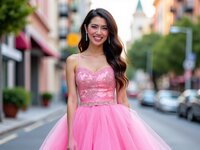 An asian senior girl poses for photos while wearing a pink dress in the middle of a Oklahoma City street.