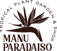 A black logo with 'tropical plant garden & shop' text making a half circle capping the bird of paradise and manu paradaiso stacked under neath it.
