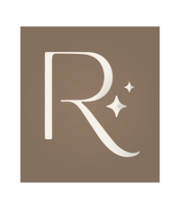 A stylized, uppercase letter "R" with two star-like shapes beside it is centered on a brown square background. The overall design is minimalistic and elegant, featuring a light-colored, serif font for the letter and stars.