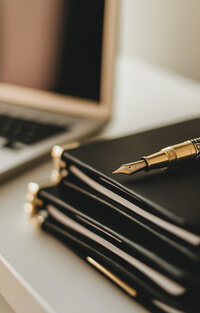 fancy gold fountain pen sitting on top of a stack of leather books