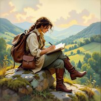 Girl writing in a book sitting on top of a hill