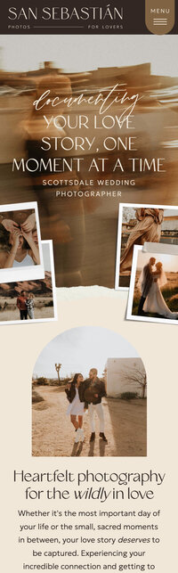 Screenshot of the mobile version of a moody boho Showit website template for wedding photographers
