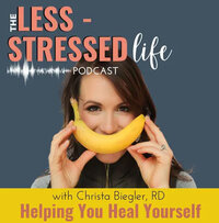 The less stressed life podcast cover image woman holding banana over her mouth