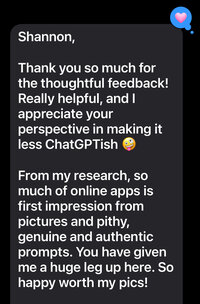 Screenshot of client review thanking Shannon Kathleen Photography for authentic feedback and online dating photos that gave him a leg up on dating apps.